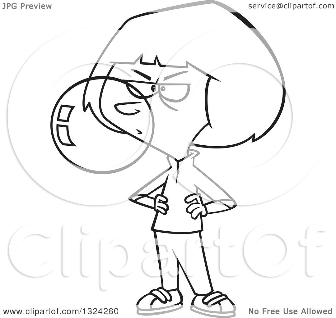 Lineart Clipart of a Cartoon Black and White Obnoxious Girl.