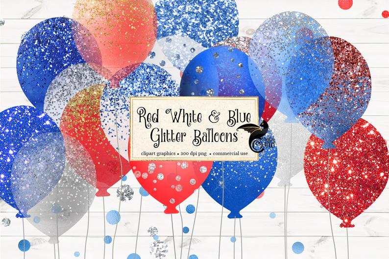 Red White and Blue Glitter Balloons Clipart, gold and silver glitter party  clipart in PNG format instant download for commercial use.