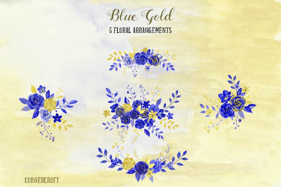 Blue Gold Clipart, watercolor clipart blue and gold roses, flowers.