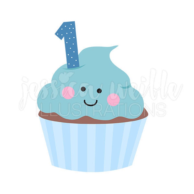Blue Boys First Birthday Cupcake Cute Digital Clipart, Cupcake Clip art,  First Birthday Graphics, Illustration, #1643.