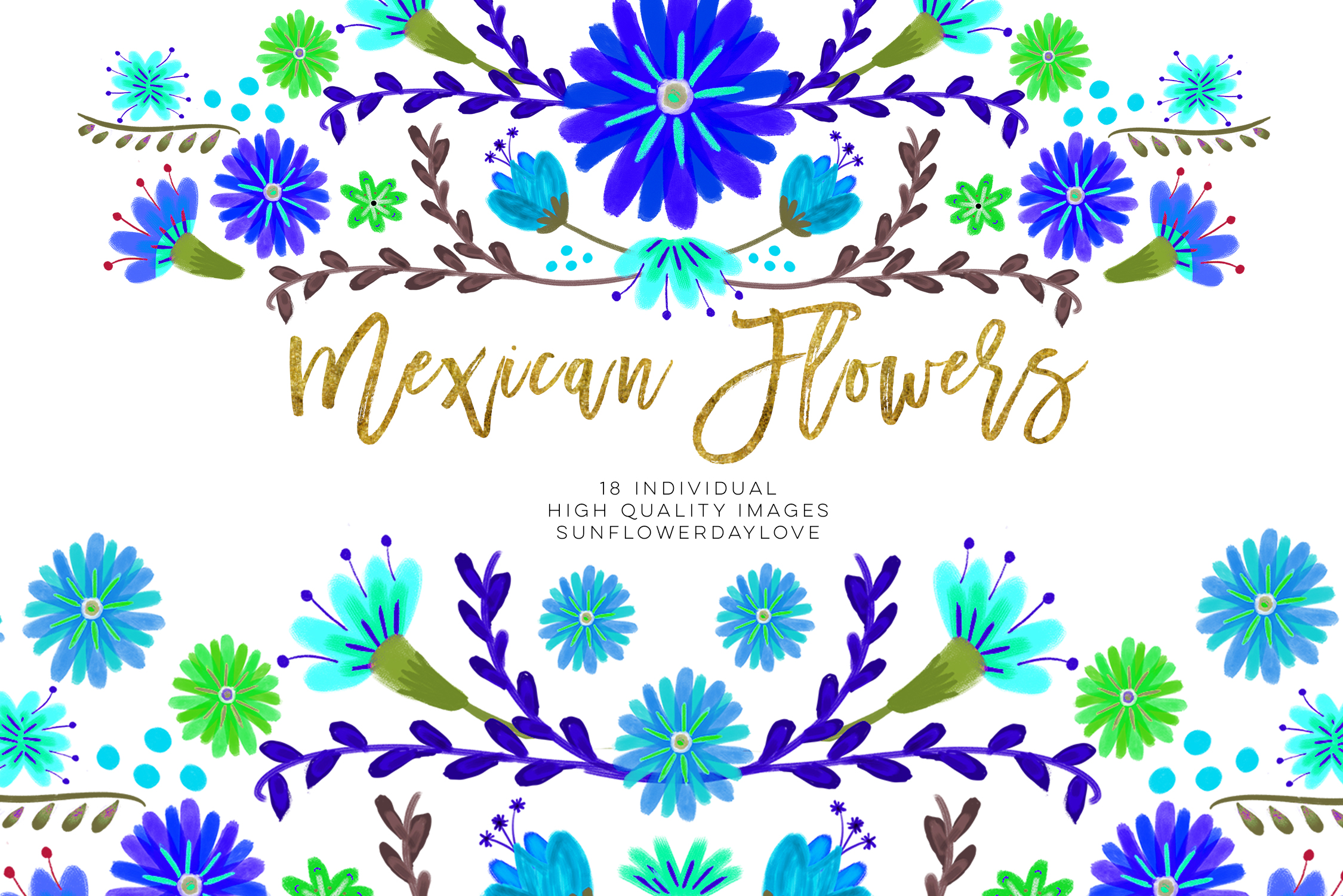 Blue Mexican Watercolor Floral clipart.
