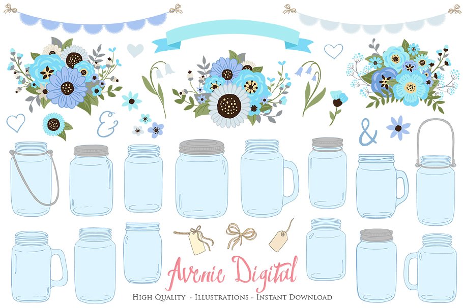 Blue and Gray Mason Jar Clipart.