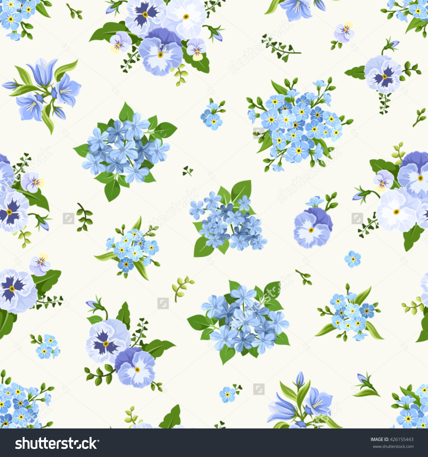 Vector Seamless Pattern With Blue Pansies, Bluebells, Plumbago And.
