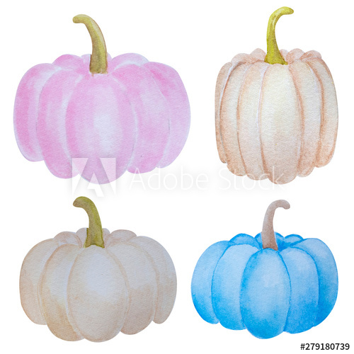 watercolor clip art set of pink, blue and white pumpkins.