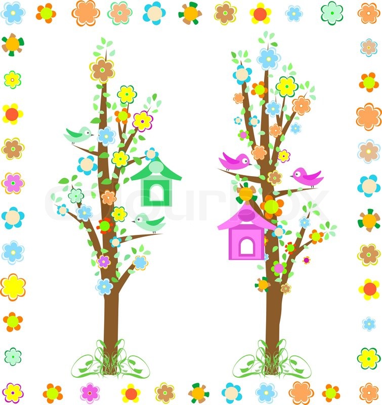 Baum mit Vögeln mit Vogelhaus und bunten Blumen.