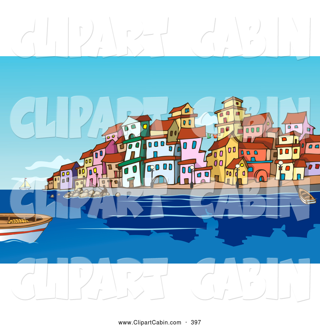 Vector Clip Art of Boats and People in the Harbor near a.