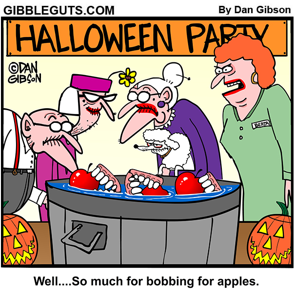 Old people bobbing for apples cartoon.