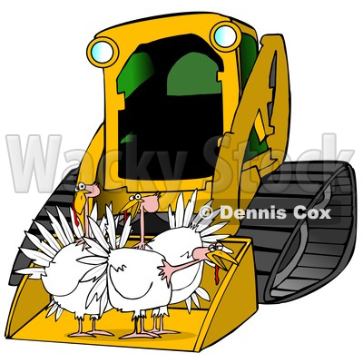 Clipart of a Yellow Bobcat Skid Steer Loader with Turkeys in the.