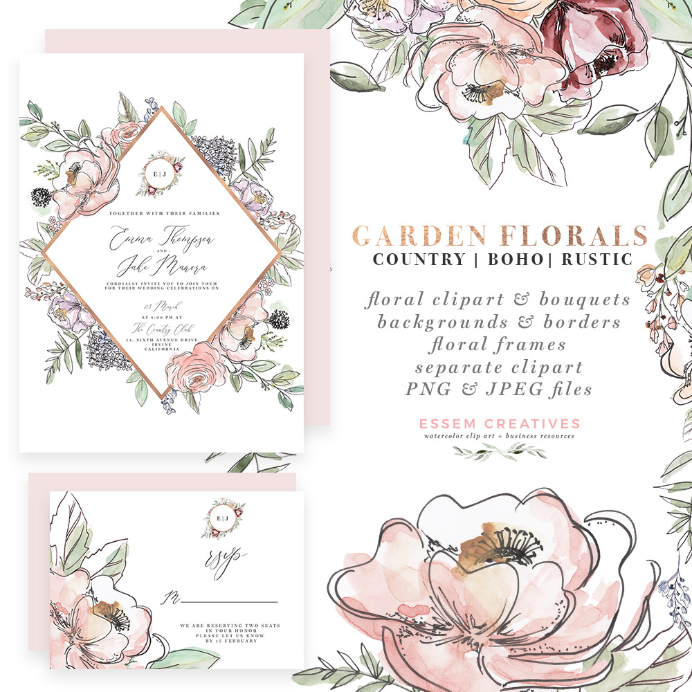 Garden Floral Watercolor Flowers Clipart, Boho Rustic Farmhouse Cottage  Wedding Invitations Logo Branding.