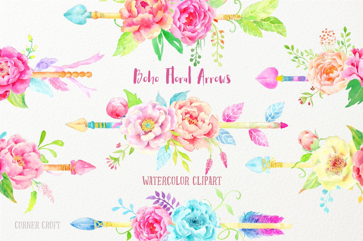 Watercolor clipart boho floral arrows, pink, yellow and purple peony arrows  for instant download, wedding invitations.