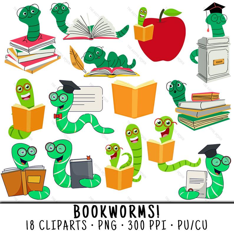 Bookworm Clipart, School Clipart, Bookworm Clip Art, School Clip Art, Book  Worm Clipart, Book Worm Clip Art, Bookworm PNG, Cute Bookworm.