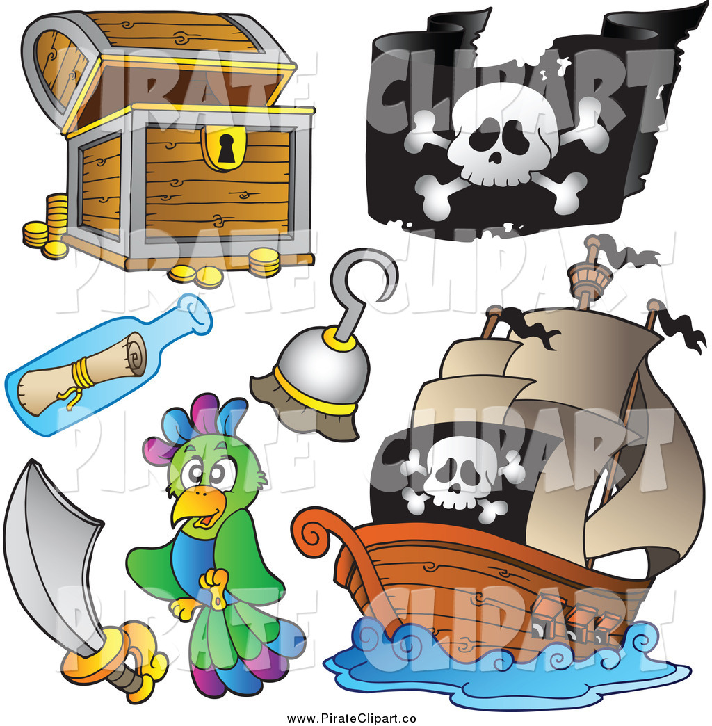 Vector Clip Art of a Treasure Chest, Pirate Flag, Ship, Hook.