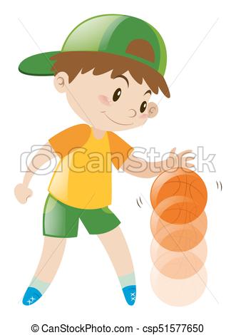 Boy bouncing basketball with one hand.