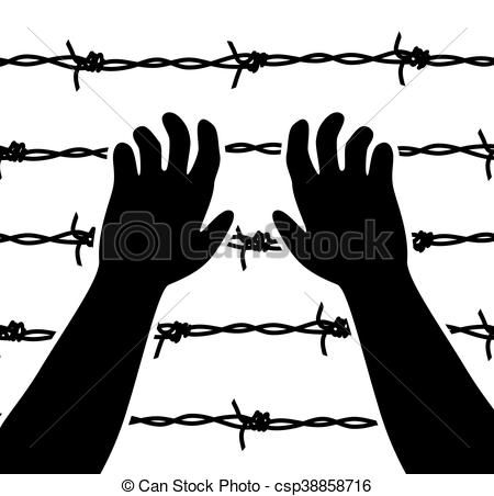 Vector Clip Art of vector raised hands and barbed wire prison.