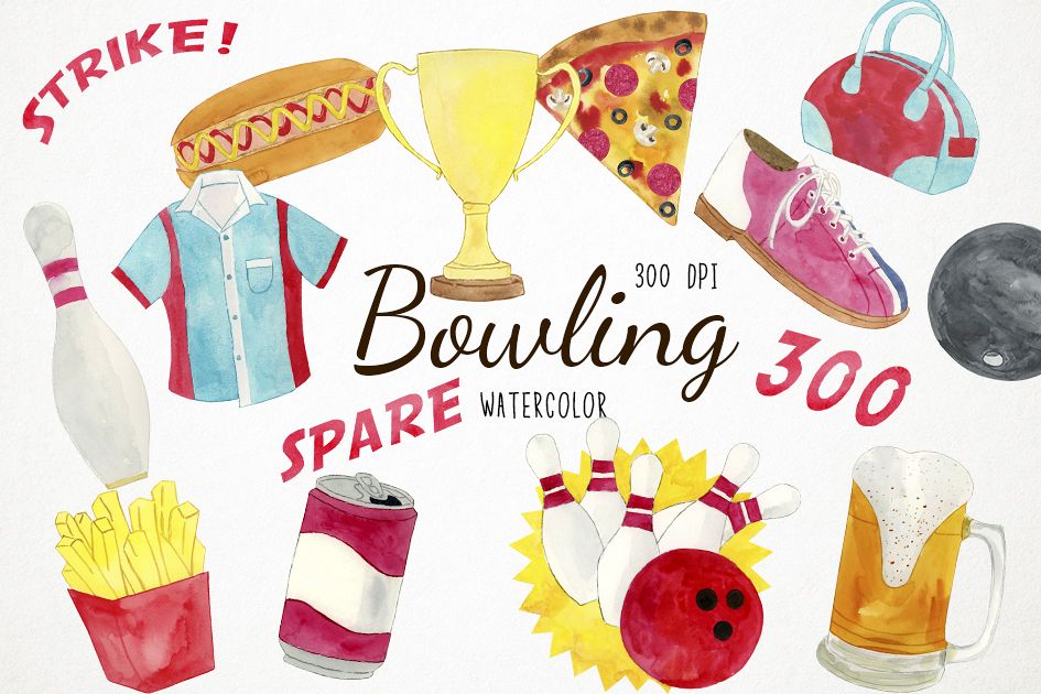 Watercolor Bowling Clipart, Pins Clipart, Sports Clipart.
