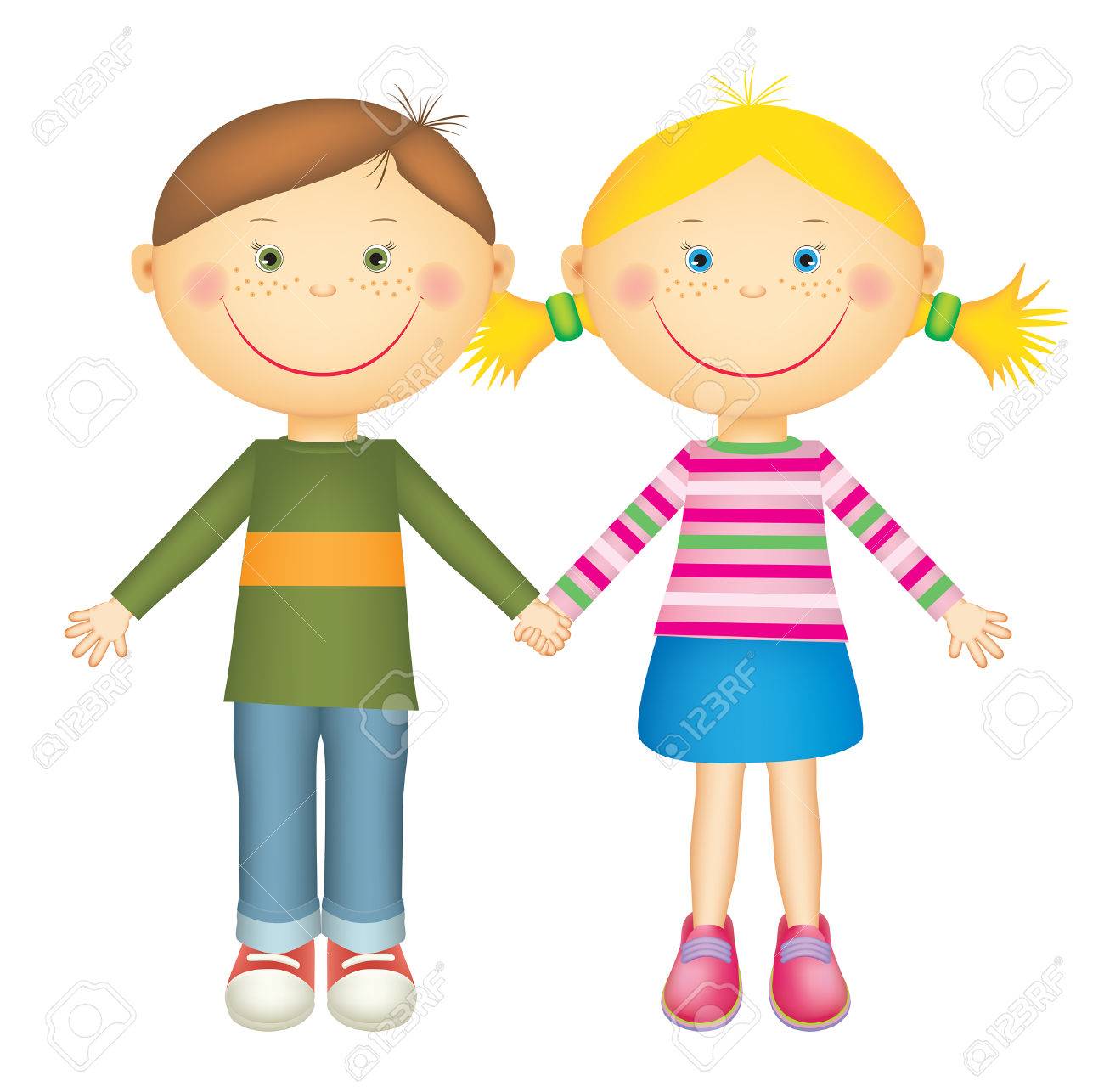 Happy little boy and girl holding hands and smiling. Isolated...