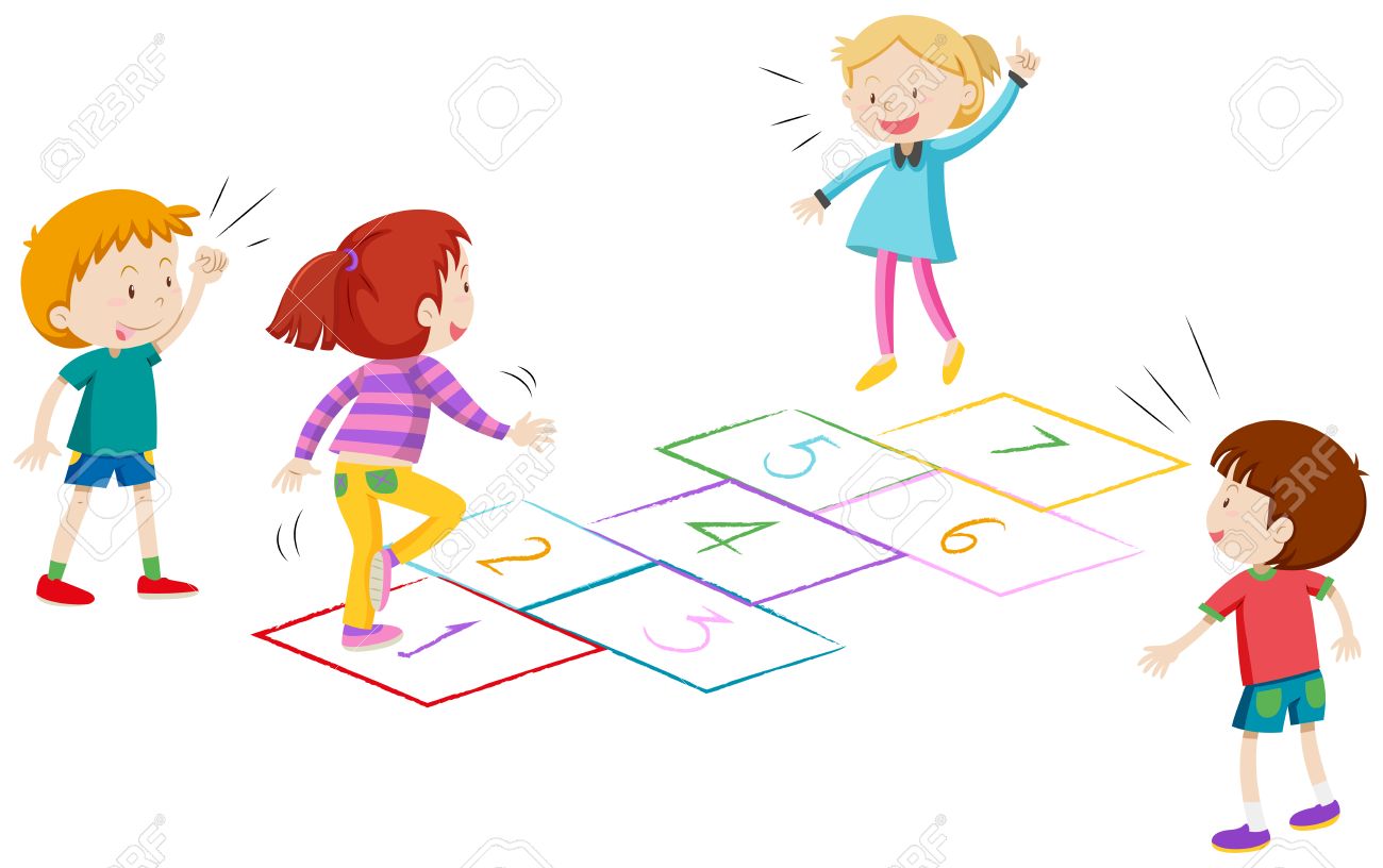 Boys and girls playing hopscotch illustration.
