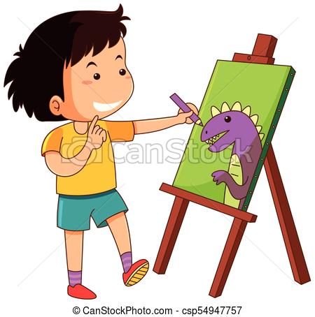 Little boy drawing dinosaur on canvas.