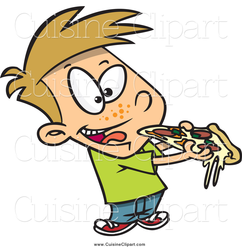 Cuisine Clipart of a Cartoon Boy Eating Cheesy Pizza by Ron.