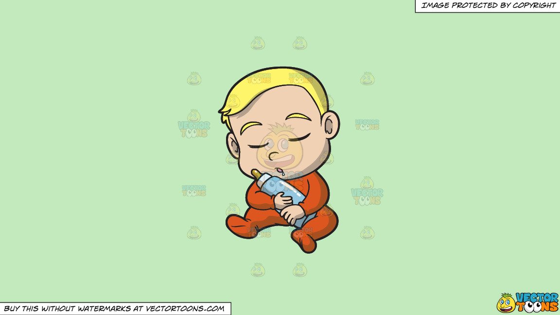 Clipart: A Baby Boy Falling Asleep While Sitting Down on a Solid Tea Green  C2Eabd Background.