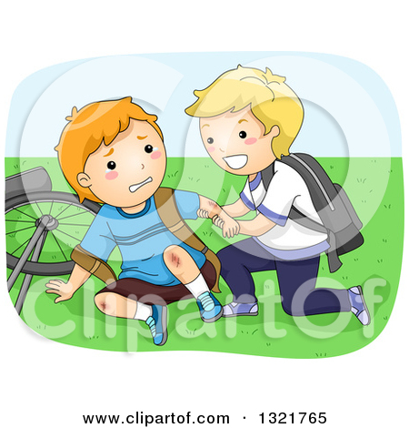 Clipart of a Nice Blond Boy Helping a Friend up After Falling off.