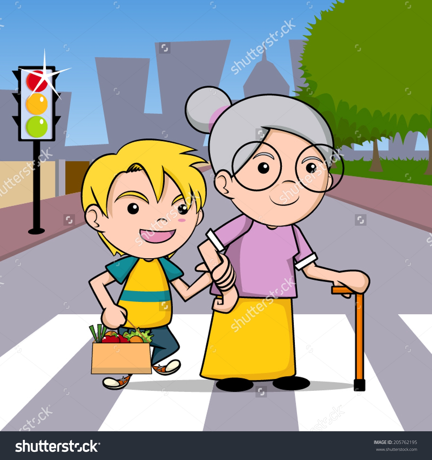 Мальчик помогает бабушке перейти дорогу