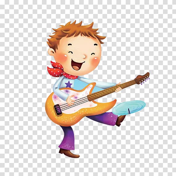 Cartoon boy playing guitar transparent background PNG.