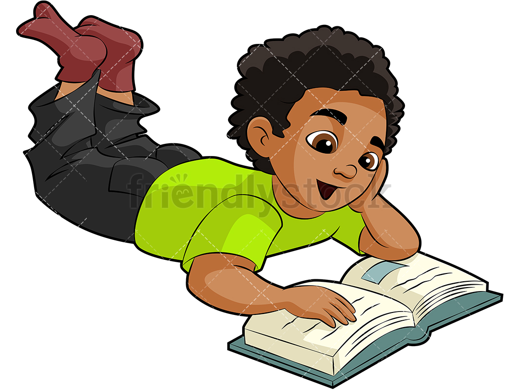 A Young Black Boy Relaxing On The Floor With A School Book.