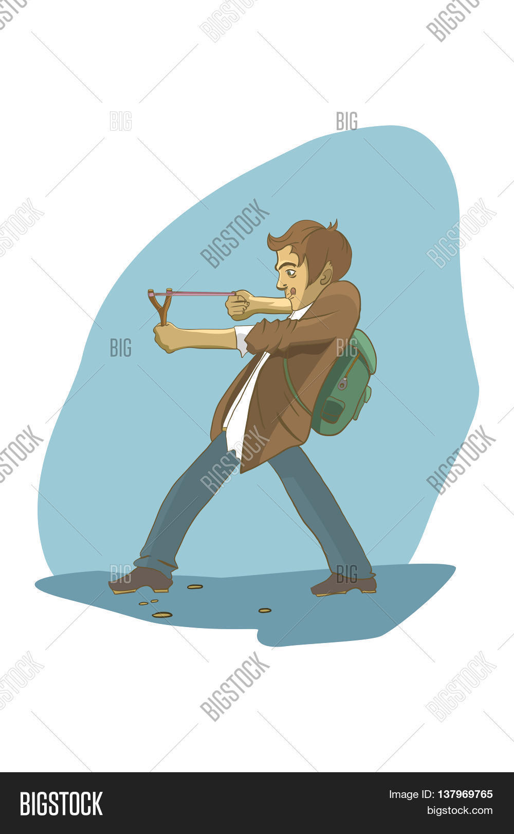 Boy shoots a slingshot. Illustration on a blue background. Stock.