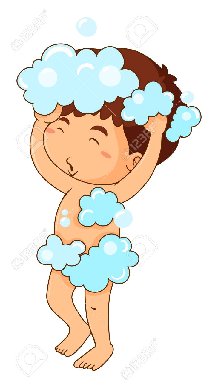 Little boy taking shower illustration.