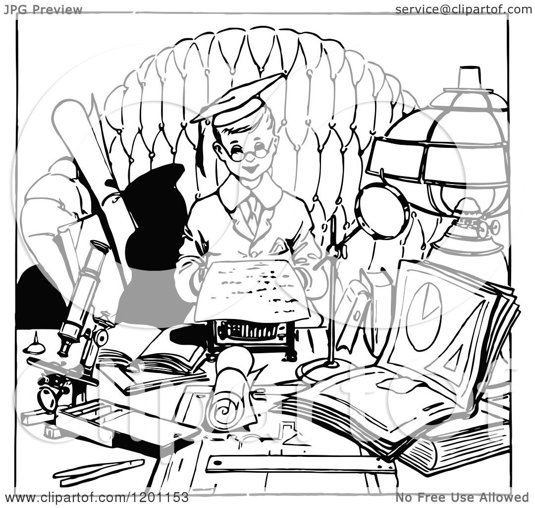 Clipart of a Vintage Black and White Smart Boy Studying.