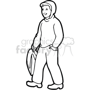 Black and white outline of a boy walking to school clipart. Royalty.