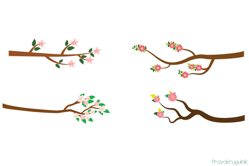 Pink flower branches clipart, Spring summer tree branch clip art.