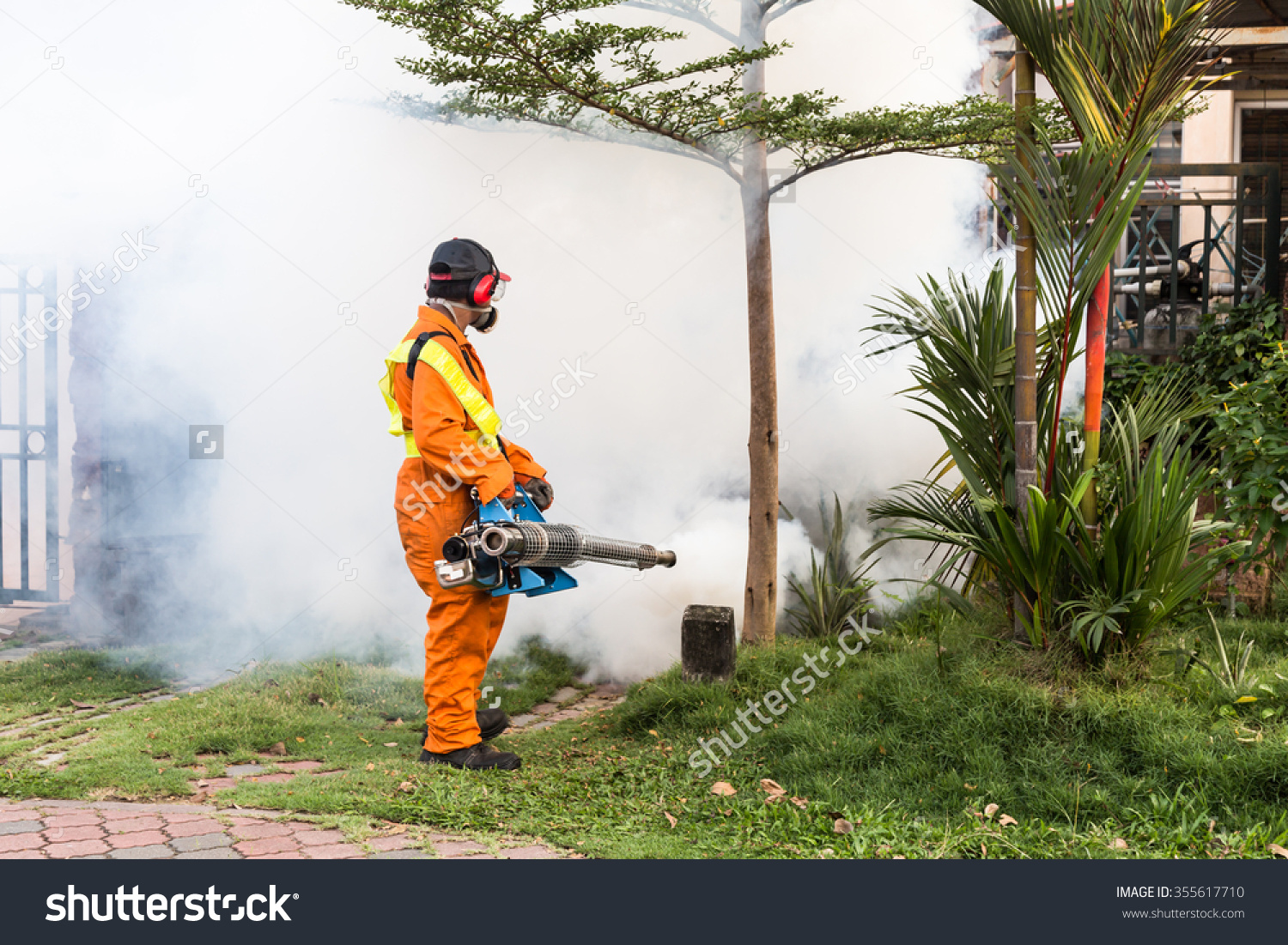 Worker Fogging Residential Area Insecticides Kill Stock Photo.