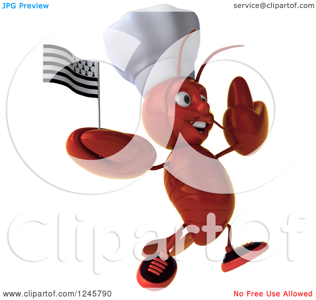 Clipart of a 3d Jumping Chef Lobster Holding a Breton Flag.