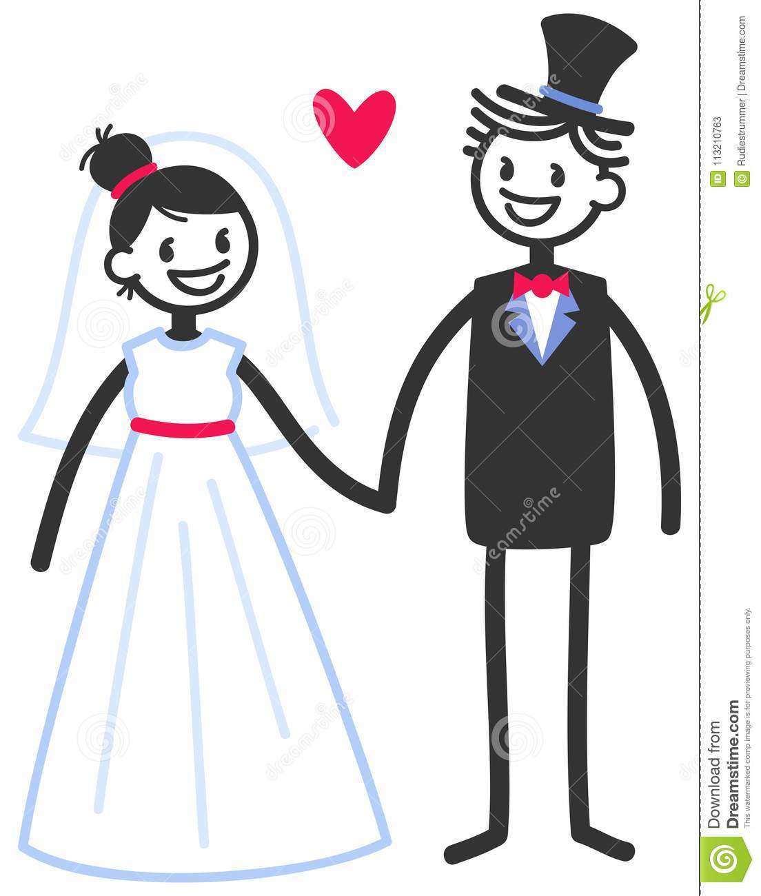 Vector Wedding Illustration Of Happy Stick Figures Bridal Couple.