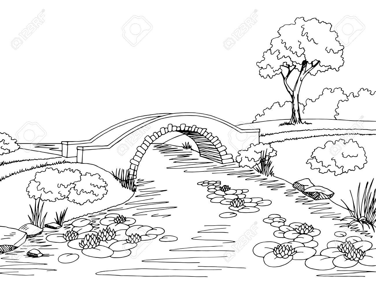 Bridge graphic black white landscape sketch illustration vector.
