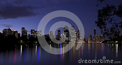 Brisbane City Night Lights River Reflection Australia Stock Photo.