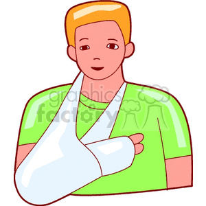 A boy with a broken arm clipart. Royalty.