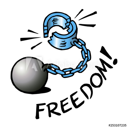 Iron ball and chain with broken shackles, symbol of freedom.