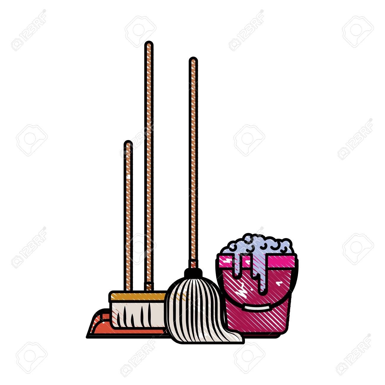 dustpan and broom and mop and bucket with water and soap detergent...