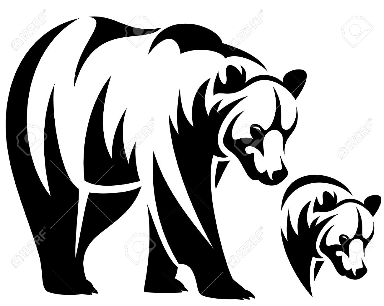 Walking Bear And Animal Head Black And White Outline Emblem.