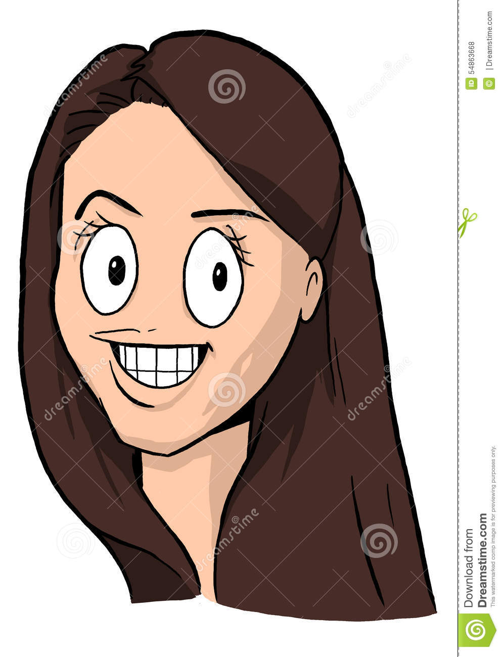 Caricature Of Girl With Dark Brown Hair, Big Eyes And Big Smile.