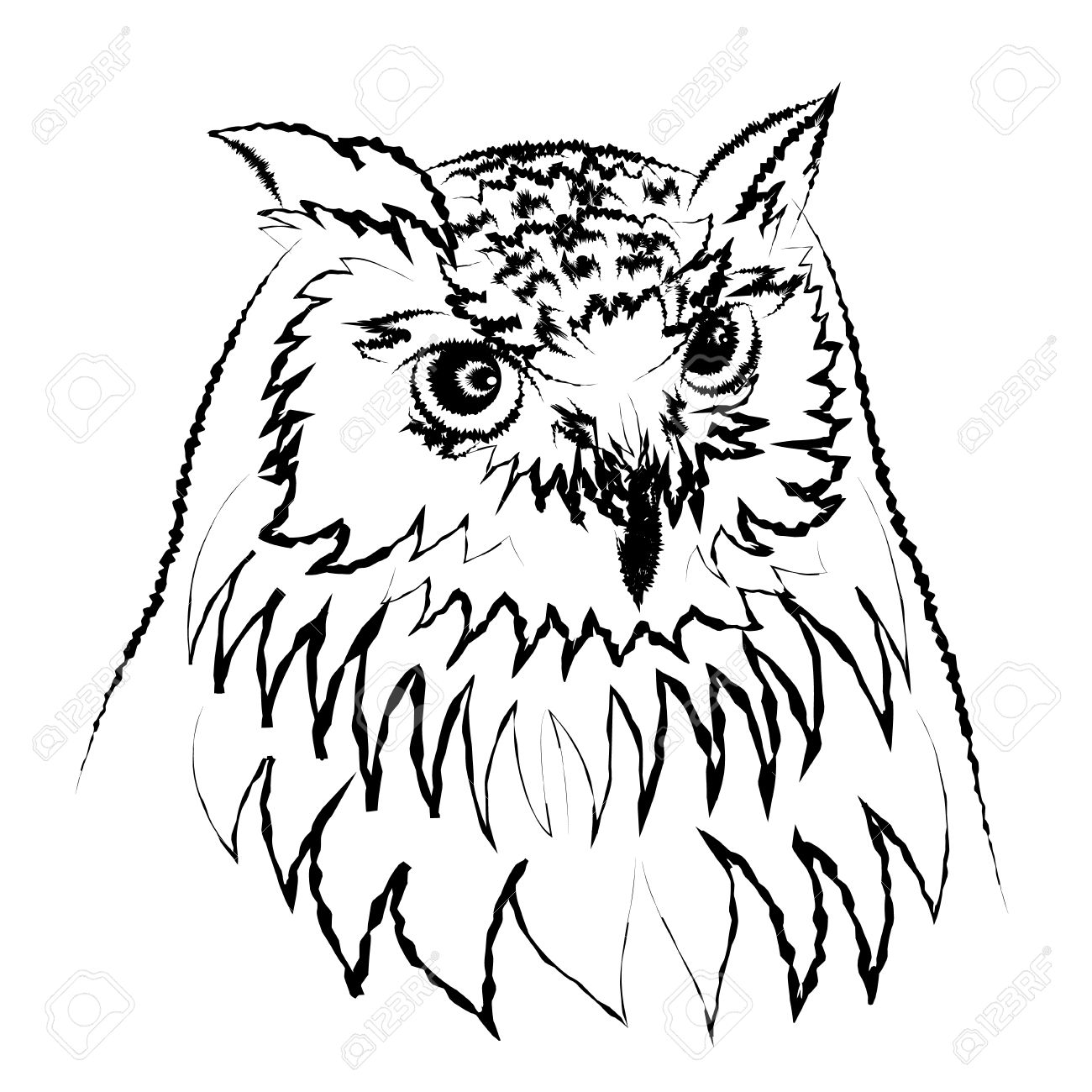 Line Art Of Siberian Eagle Owl, Or Bubo Bubo Sibiricus Vector.