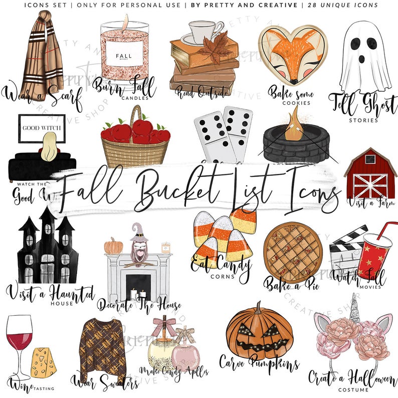 Fall Bucket List Icons, Planner Stickers, Icons Stickers, Tasks, Autumn, To  Do's, Fall Ideas, Planner Supplies, Clipart, Fall Cliparts.