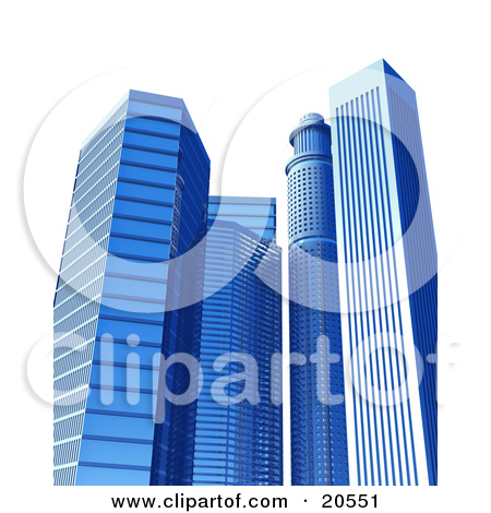Clipart Illustration of Tall Blue Glass Mirror Skyscraper.