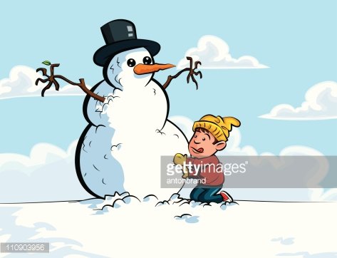 Cartoon of little boy building a snowman Clipart Image.