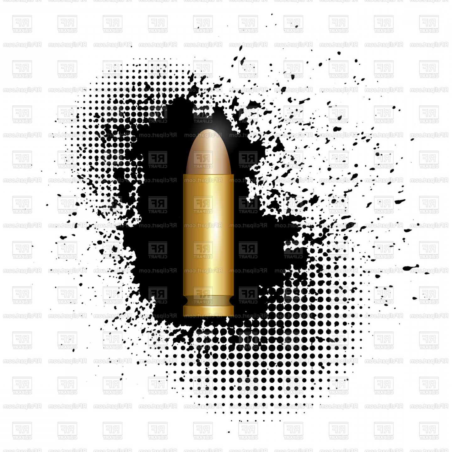 Metal Bullet On Black Ink Grunge Splatter Background Vector.