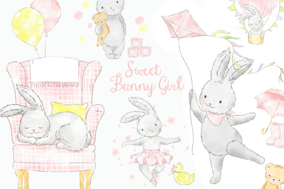 Sweet Pink Bunny Girl Watercolor Clipart.