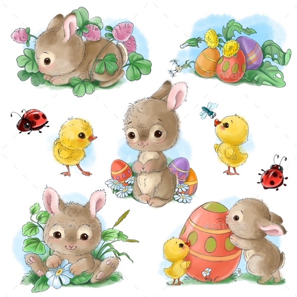 Cute Bunny Easter Sticker Clipart Set in Vintage Watercolor Style.